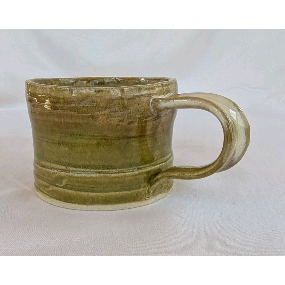 Handmade Studio Art Green Glazed Pottery Mug Signed